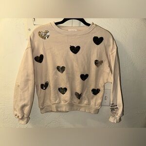 Zara Girls Cream Cropped Pullover Sweater Multicolor Reversible Sequin Hearts